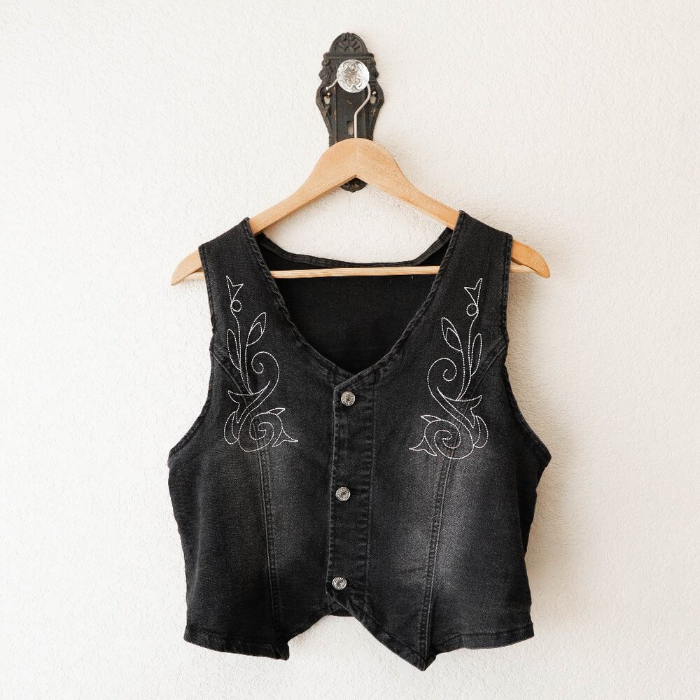 Shein Curve 1XL Black Gray Embroidered Denim Vest Western Boho